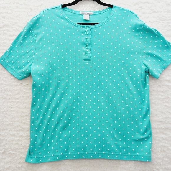 Rebecca Malone Tops - T-Shirt Women Teal Henley Polka Dot Casual Resort Vacation Cruise Everyday Sz L